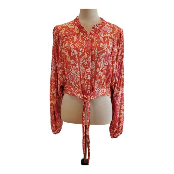 RACHEL ZOE SZ XL Salmon, Pink & Cream Flowy Long-sleeve Button up Rayon Top - Picture 2 of 9